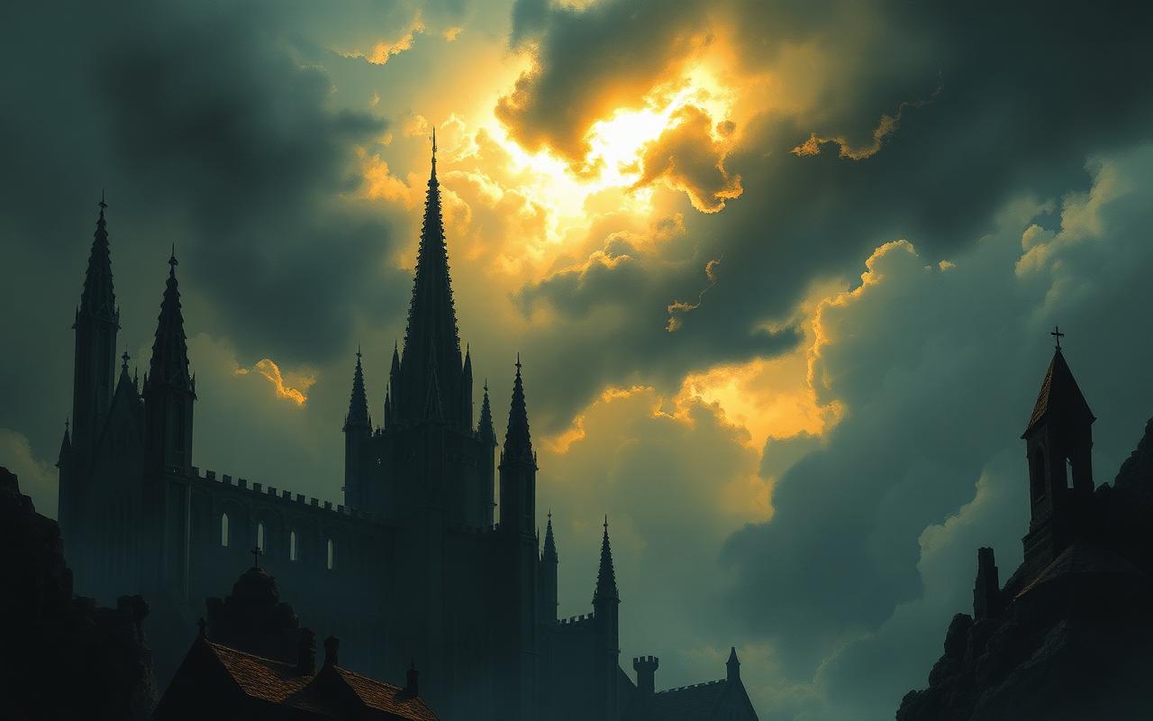 Ruined cathedral spires of Cernia beneath a storm-broken golden sky
